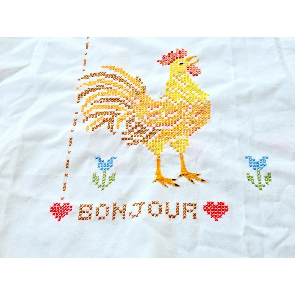 Handmade‎ Cross Stitch Rooster Bonjour Tablecloth 68x50 French Country Kitch